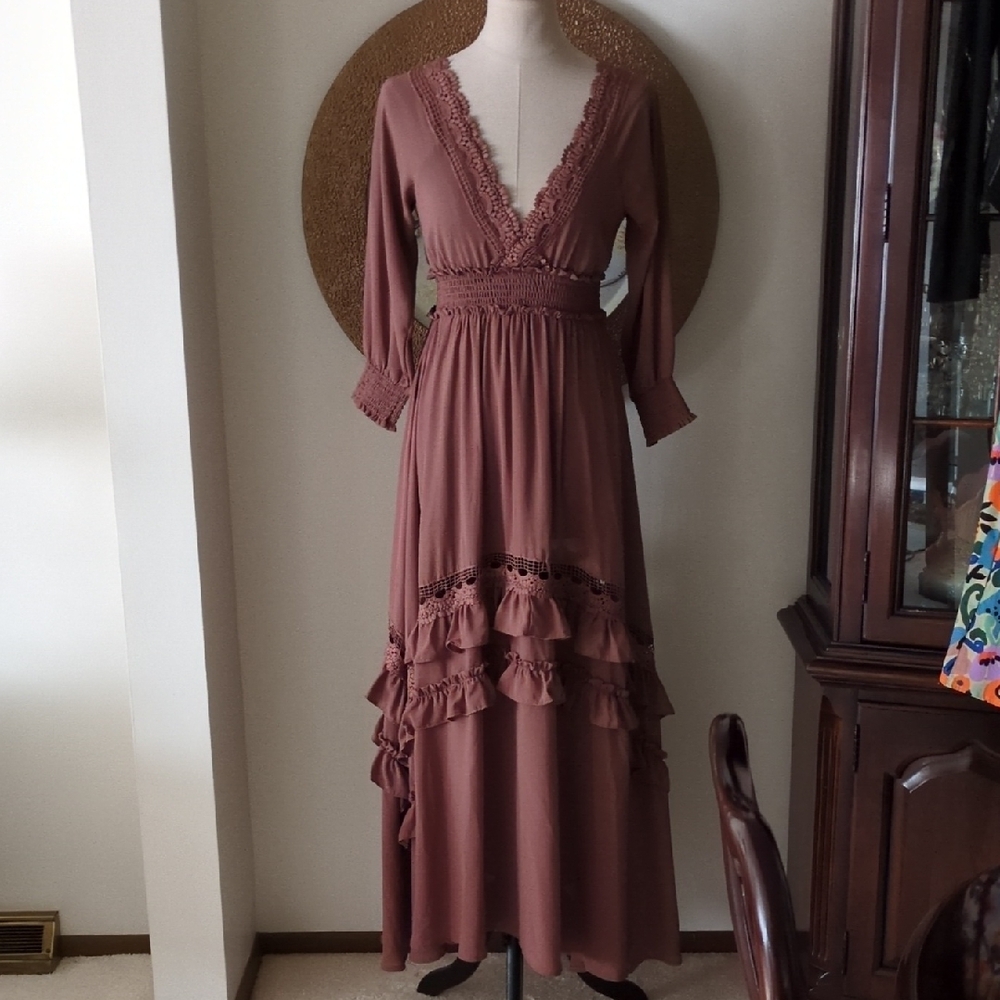 Anthropologie Elegant Brown Lace Maxi Dress (Please Read Full Description)